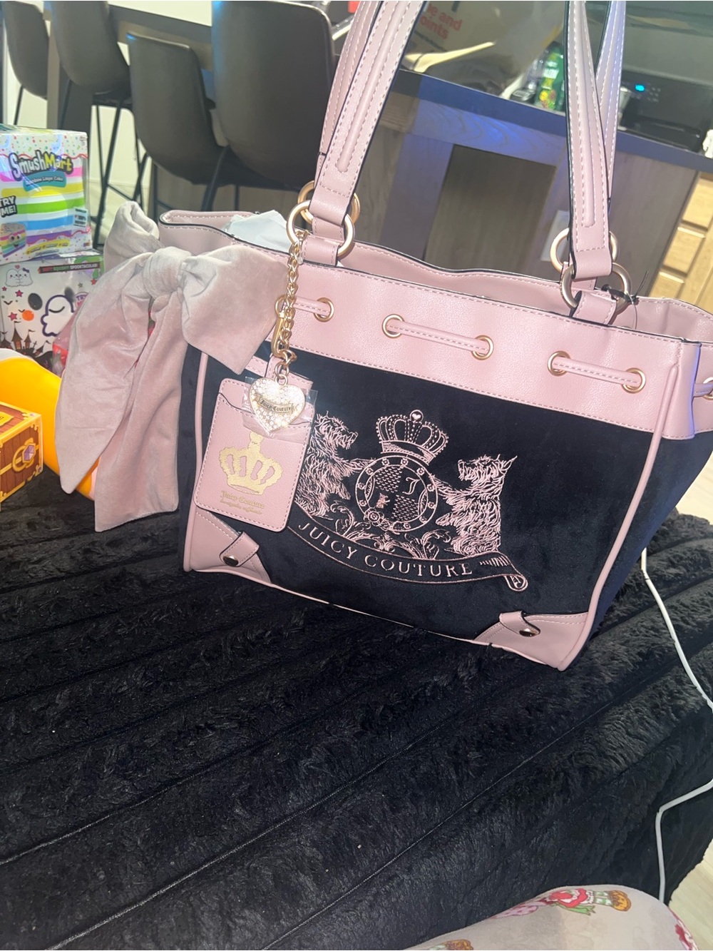 Juicy Couture Pink and Black Crest Tote with Charm
